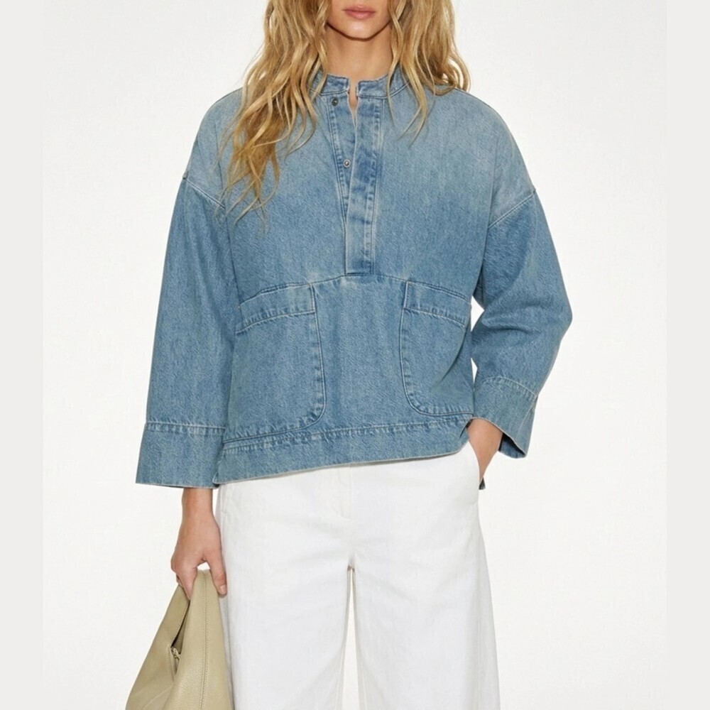 Light Wash Denim Stand Collar Patch Pocket Oversized Popover Tunic Top